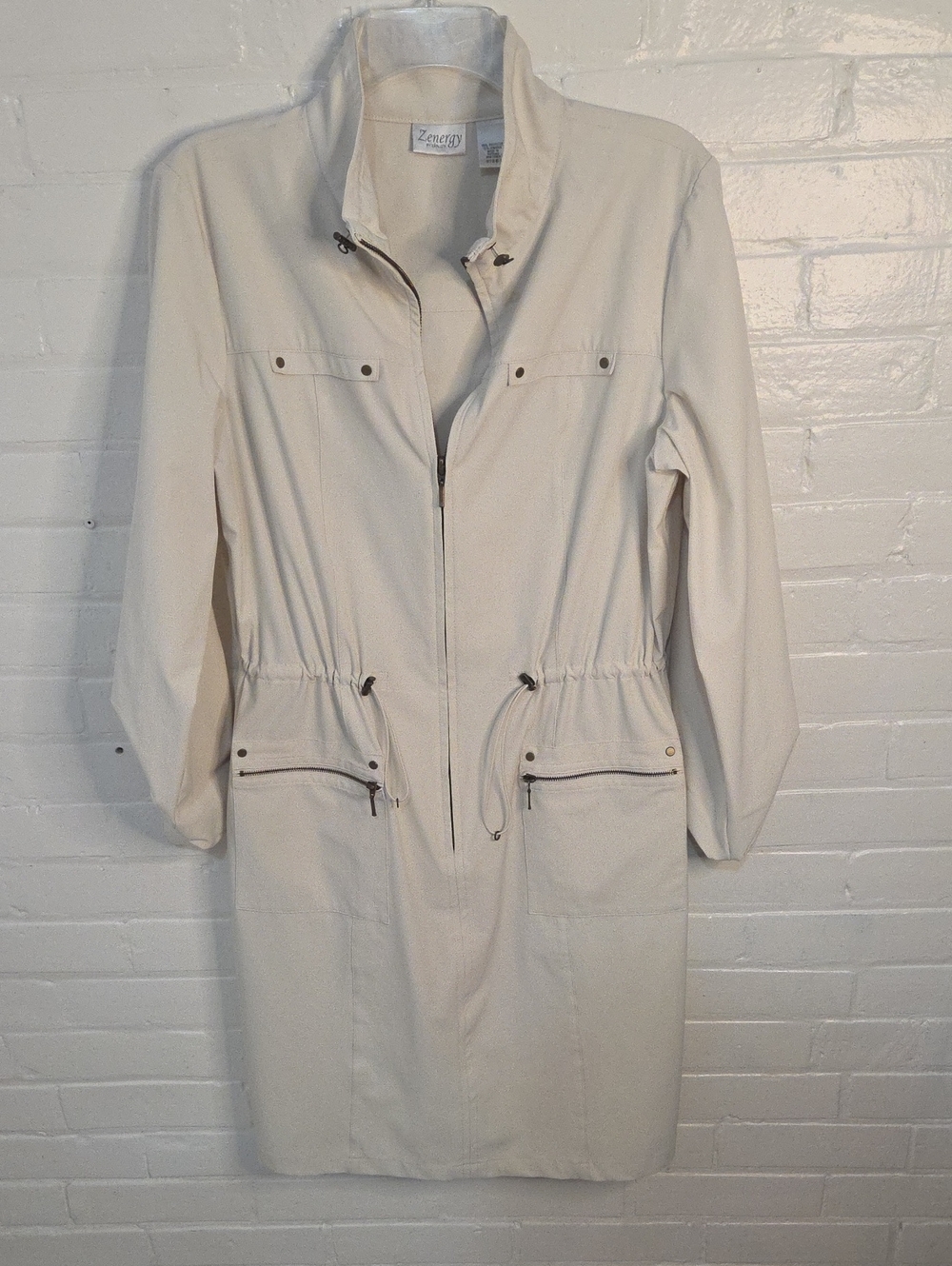 Chico's Cream Drawstring Waist Zip Front Jacket Dress